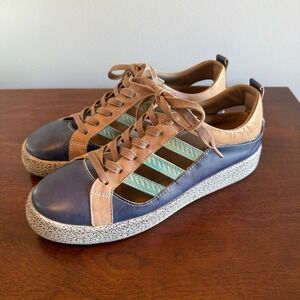 L'Artiste Perforated Leather Sneakers Tan Blue Mint Stripe Lace Up Women's 39